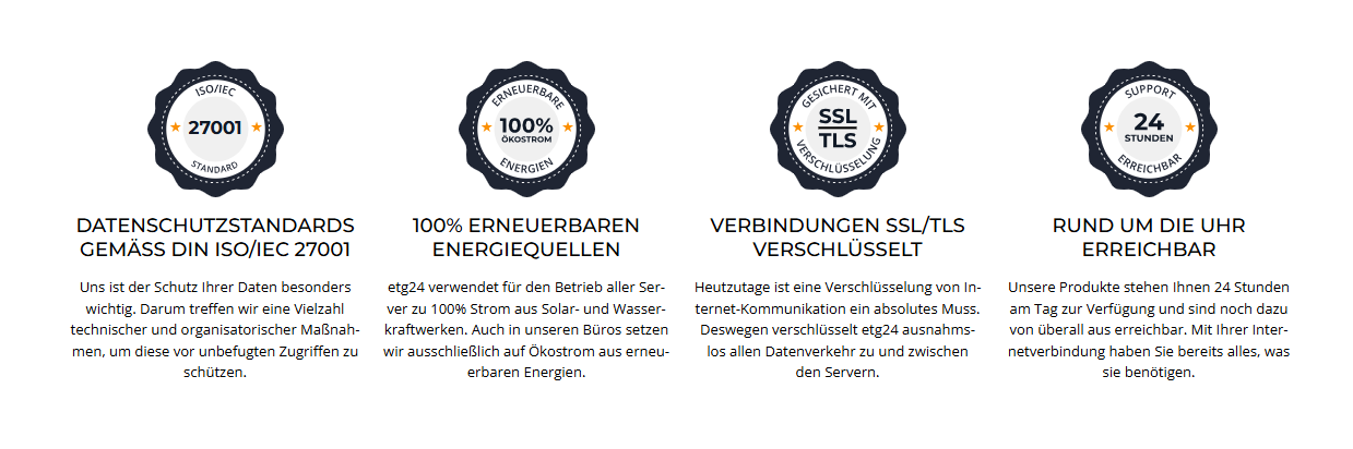 etg24 Sicherheits- und Servicehinweise: ISO IEC 27001, erneuerbare Energiequellen, SSL TLS Verschlüsselung und 24 Stunden erreichbar