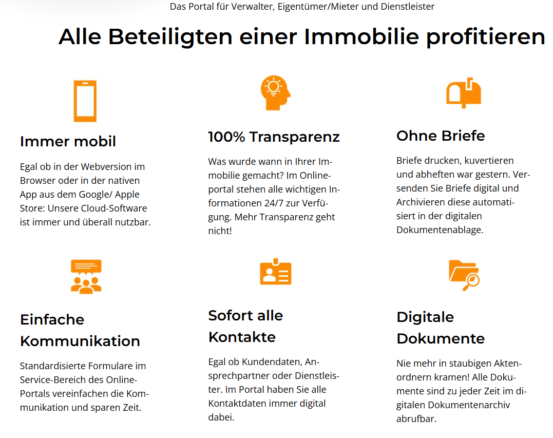 etg24 Übersicht mit Vorteilen: immer mobil, 100 Prozent Transparenz, ohne Briefe, einfache Kommunikation, Kontakte und digitale Dokumente